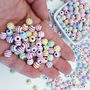 Miçanga Bola Frizada branca listada colorida 8mm 100 unidade